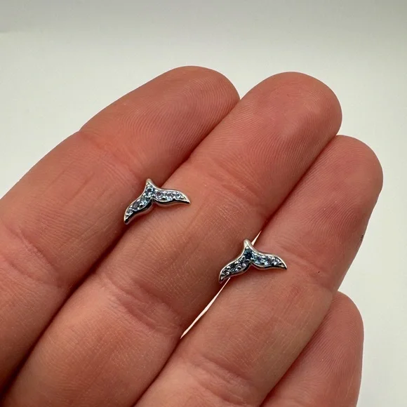 Genuine 925 Sterling Silver Whale / Mermaid Tail Earrings - Picture 7 of 8
